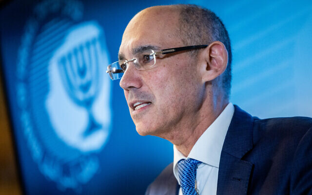 Bank of Israel Governor Amir Yaron speaks during a press conference at the Bank of Israel in Jerusalem on January 2, 2022. (Yonatan Sindel/Flash90)
