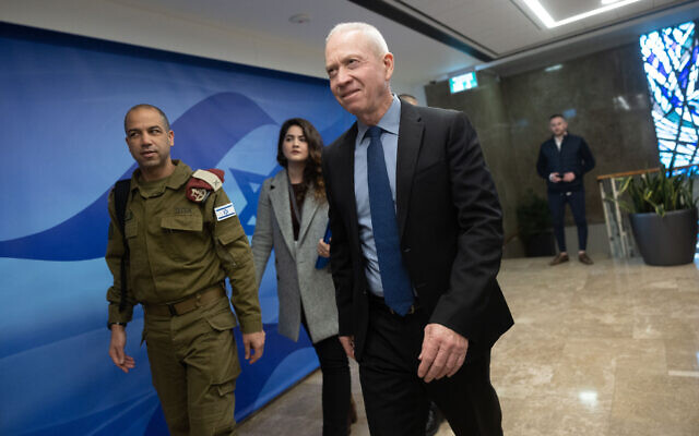 Defense Minister Yoav Gallant arrives for the weekly cabinet meeting at the Prime Minister's Office in Jerusalem on January 29, 2023. (Yonatan Sindel/Flash90)