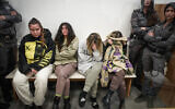 Four Israeli women suspects of trying to smuggle 15kg of cocaine and ketamine from Germany into Israel, arrive for a court hearing at the court in Lod, on February 2, 2023. (Avshalom Sassoni/Flash90)