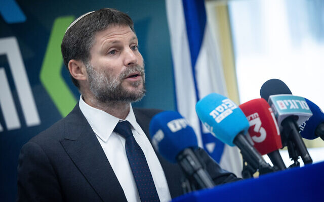 Finance Minister Bezalel Smotrich leads his Religious Zionism faction's meeting at the Knesset, February 6, 2023. (Yonatan Sindel/Flash90)
