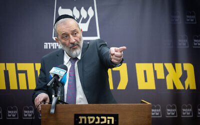 Shas party leader Aryeh Deri, leads a faction meeting, at the Knesset, in Jerusalem, on February 6, 2023. (Yonatan Sindel/ Flash90)