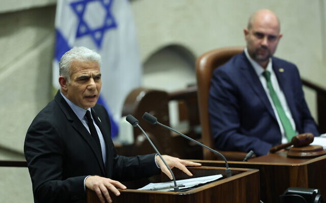 Opposition leader Yair Lapid speaks in the Knesset in Jerusalem, on February 6, 2023. (Yonatan Sindel/Flash90)
