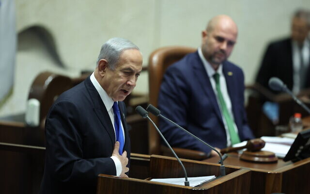 Prime Minister Benjamin Netanyahu speaks at the Knesset in Jerusalem, on February 6, 2023. (Yonatan Sindel/Flash90)