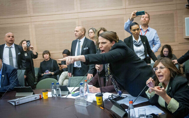 National Unity MK Michal Shir protests legislation on overhauling the judiciary during a hearing of the Constitution, Law and Justice Committee, February 13, 2023. (Yonatan Sindel/Flash90)