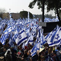 Protesters rally against the government's judicial overhaul plans, outside the Knesset, on February 20, 2023. (Gili Yaari/Flash90)