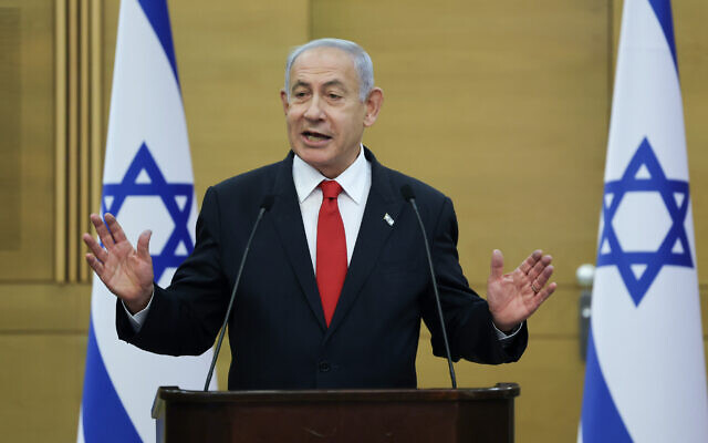 Prime Minister Benjamin Netanyahu speaks during a Likud faction meeting at the Knesset on February 20, 2023. (Yonatan Sindel/Flash90)