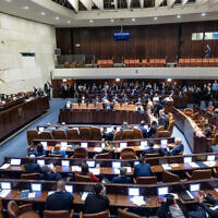 A discussion on the government's judicial overhaul plans in the assembly hall of the Knesset in Jerusalem, on February 20, 2023. (Yonatan Sindel/Flash90)
