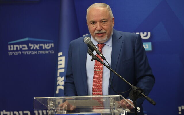 Yisrael Beytenu party leader Avigdor Liberman speaks during a faction meeting at the Knesset on February 20, 2023. (Yonatan Sindel/Flash90)