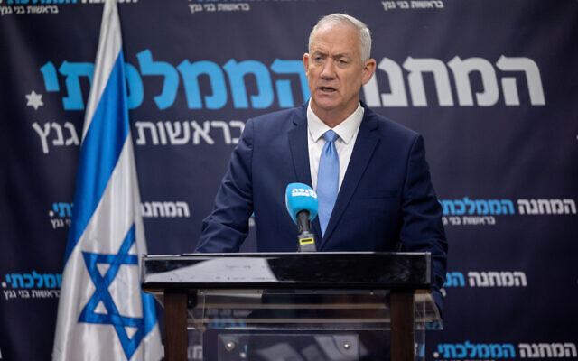 National Unity party leader Benny Gantz speaks during a faction meeting at the Knesset on February 20, 2023. (Yonatan Sindel/Flash90)