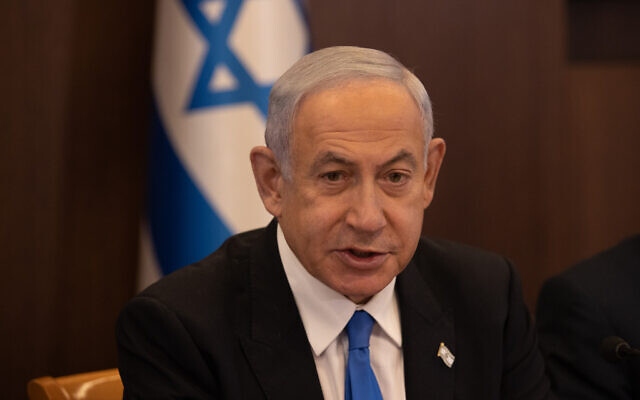 Prime Minister Benjamin Netanyahu leads a cabinet meeting on the state budget, at the Prime Minister's Office in Jerusalem on February 23, 2023. ((Alex Kolomoisky/POOL)