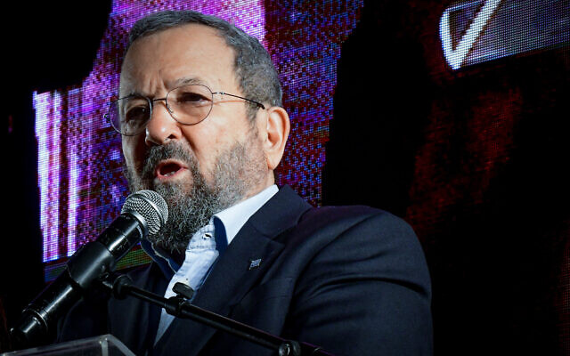 Former prime minister Ehud Barak speaks at a protest in Tel Aviv against the government’s planned judicial overhaul, February 25, 2023. (Tomer Neuberg/Flash90)