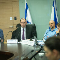 The Knesset Constitution, Law and Justice Committee convenes, chaired by Religious Zionism MK Simcha Rothman (second left), on February 27, 2023. Gilad Kariv is at right. (Yonatan Sindel/Flash90)