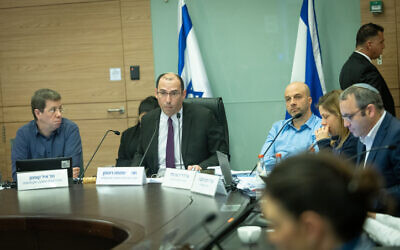 The Knesset Constitution, Law and Justice Committee convenes, chaired by Religious Zionism MK Simcha Rothman (second left), on February 27, 2023. Gilad Kariv is at right. (Yonatan Sindel/Flash90)