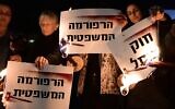 Illustrative: Women protest against the government's planned judicial reforms, in Tel Aviv, on February 5, 2023. ( Tomer Neuberg/Flash90)