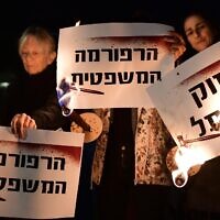Illustrative: Women protest against the government's planned judicial reforms, in Tel Aviv, on February 5, 2023. ( Tomer Neuberg/Flash90)