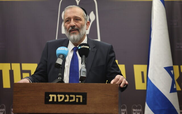 Shas party leader Aryeh Deri leads a faction meeting at the Knesset in Jerusalem, February 13, 2023. (Yonatan Sindel/Flash90)