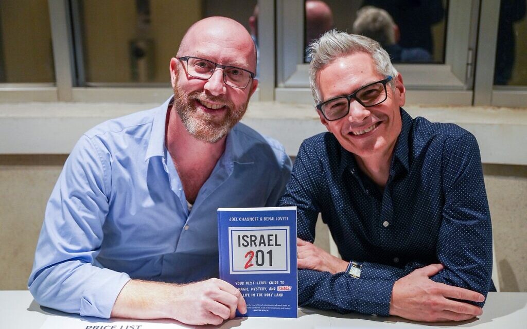 Writer-comedians Benji Lovitt (left) and Joel Chasnoff, authors of 'Israel 201,' a primer about Israeli life, launched in February 2023. (Courtesy: 'Israel 201')