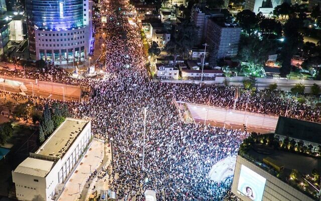 Protesters estimated by organizers to number 145,000 rally in central Tel Aviv, on February 11, 2023, against controversial legal reforms being touted by the country's far-right government. (Screenshot of drone footage; used in accordance with clause 27a of the copyright law)