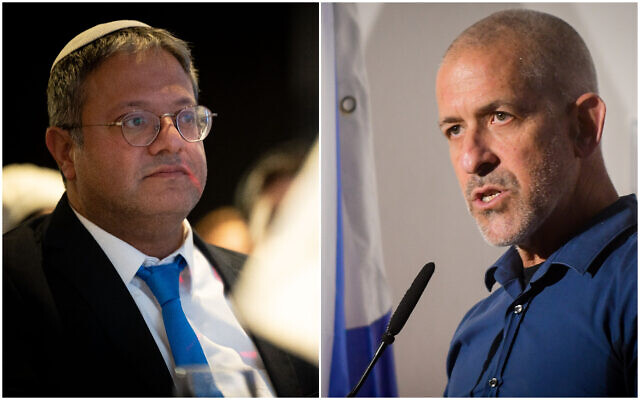 National Security Minister Itamar Ben Gvir (left) at a conference in Jerusalem, on February 21, 2023, and Ronen Bar (right), head of the Shin Bet security agency speaks at a conference at the Reichman University in Herzliya, September 11, 2022. (Yonatan Sindel; Avshalom Sassoni/Flash90)