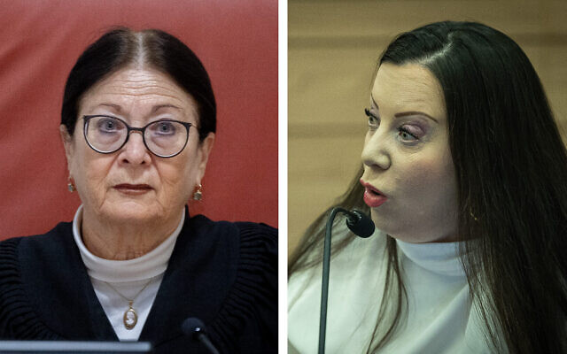 Left: Supreme Court Chief Justice Esther Hayut at a court hearing in Jerusalem, January 2, 2023. (Yonatan Sindel/Flash90); Right: Likud MK Tally Gotliv attends a Constitution, Law and Justice Committee meeting at the Knesset in Jerusalem, January 30, 2023. (Yonatan Sindel/Flash90)