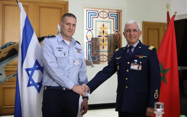 IAF chief Maj. Gen. Tomer Bar meets with his Morrocan counterpart, Gen. El Abed Alaoui Bouhamid in Morocco, February 22, 2023. (Israel Defense Forces)