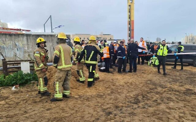 First responders on the scene of a construction site accident in Ashdod on February 8, 2023. (Fire and Rescue Services)