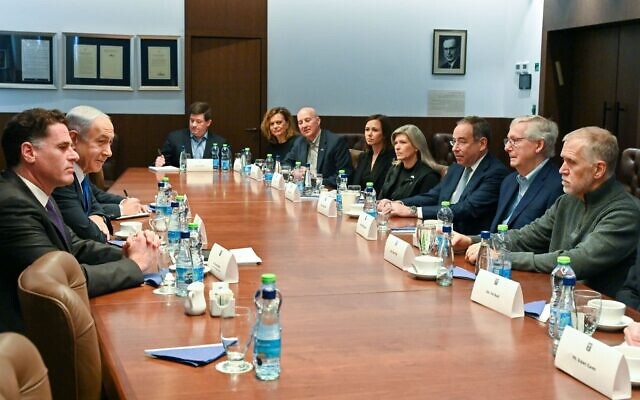 In this handout photo, Prime Minister Benjamin Netanyahu meets with a group of Republican senators, led by Minority Leader Mitch McConnell, on February 23, 2023. (Kobi Gideon/GPO)
