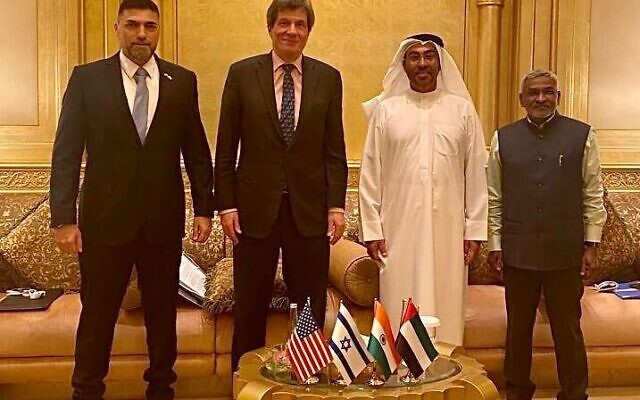 Ronen Levi, Foreign Ministry director general (left) meets with Jose Fernandez, US undersecretary of state (second from left), UAE Minister Ahmed Al Sayegh, and India's Economic Relations Secretary Shri Dammu Ravi (right) in Abu Dhabi on February 22, 2023. (Foreign Ministry)