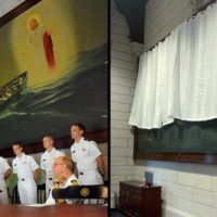 A before and after photo depicting how a painting of Jesus at the U.S. Merchant Marine Academy in Kings Point, New York, is now obscured by a curtain. (Before: U.S. Coast Guard; After: U.S. Merchant Marine Academy.)
