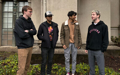 Avi Schiffman (right) with Internet Activism team members (from left): Will Depue, Anant Sinha, and Krish Shah. Team member Adrian Gri not pictured. (Courtesy of Avi Schiffman)