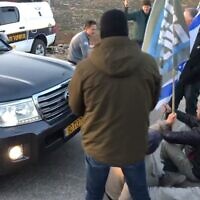 Protesters block the car of MK Simcha Rothman outside his home in the West Bank on February 20, 2023 (Screencapture/Twitter Used in accordance with Clause 27a of the Copyright Law)