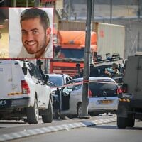 Israeli security forces secure the scene of a shooting attack in Huwara, in the West Bank, near Nablus, February 26, 2023. Inset: Brothers Hillel (right) and Yagel Yaniv, who were killed in the attack. (Nasser Ishtayeh/Flash90; courtesy)