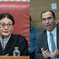 Composite image shows Supreme Court chief Esther Hayut, left, and MK Simcha Rothman, right. (Yonatan Sindel/Flash90)