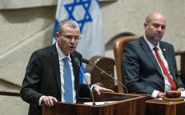 Justice Minister Yariv Levin at a discussion and a vote on the government's judicial overhaul plans in the assembly hall of the Knesset in Jerusalem, on February 20, 2023. (Yonatan Sindel/Flash90)