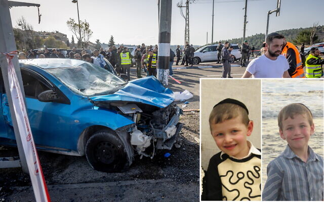 Medics and police officers at the scene of a deadly car-ramming terror attack near Ramot Junction in Jerusalem on February 10, 2023. (Yonatan Sindel/Flash90) Insert: Yaakov Yisrael Paley, 6 (left) and Asher Menahem Paley, 8, killed in the attack.
