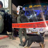 The scene of a Palestinian attack at the entrance to Shuafat Refugee Camp in East Jerusalem, February 13, 2023. Insert: Staff Sgt. Asil Sawaed, killed in the attack. (Israel Police)