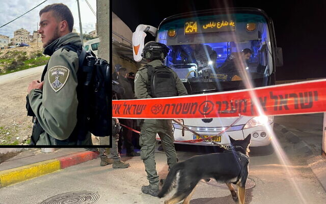 The scene of a Palestinian attack at the entrance to Shuafat Refugee Camp in East Jerusalem, February 13, 2023. Insert: Staff Sgt. Asil Sawaed, killed in the attack. (Israel Police)