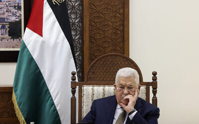 Palestinian President Mahmoud Abbas during a meeting with US Secretary of State Antony Blinken in Ramallah, West Bank, on January 31, 2023. (Ronaldo Schemidt/Pool/AFP)
