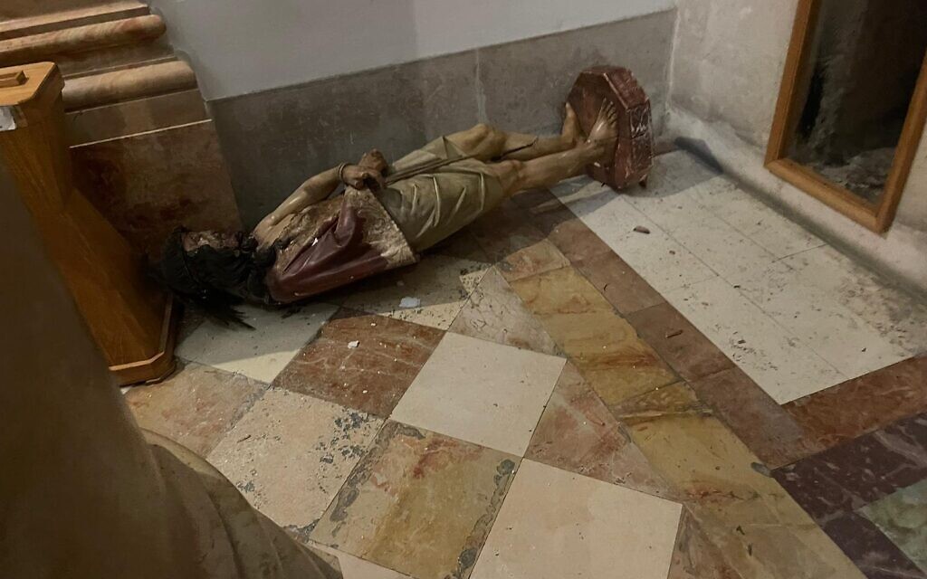 A toppled statue in the Church of the Flagellation, in the Old City of Jerusalem, February 2, 2023. (Custody of the Holy Land)