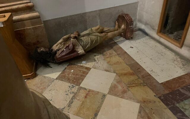 A toppled statue in the Church of the Flagellation, in the Old City of Jerusalem, February 2, 2023. (Custody of the Holy Land)