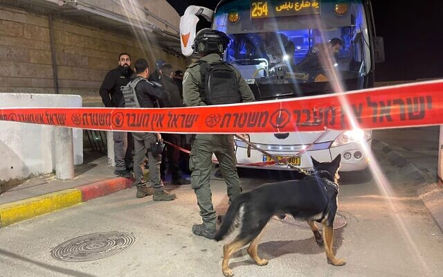 The scene of a Palestinian attack at the entrance to Shuafat Refugee Camp in East Jerusalem, February 13, 2023. (Israel Police)