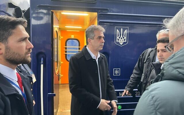 Foreign Minister Eli Cohen steps off the train in Kyiv, Ukraine, February 16, 2023 (Lazar Berman/The Times of Israel)