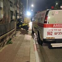 A handout photo shows emergency vehicles at the scene of a suspected murder of a woman in Ashdod, February 21, 2023. (Magen David Adom)