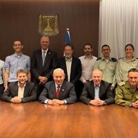 Front L-R: Finance Minister Bezalel Smotrich, Prime Minister Benjamin Netanyahu, Defense Minister Yoav Gallant and IDF chief Herzi Halevi following a meeting on the defense budget at the Prime Minister's Office, February 22, 2023. (Courtesy)