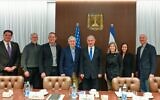 Prime Minister Benjamin Netanyahu (fourth from right) meets with US Senate Minority Leader Mitch McConnell (fourth from left) and GOP senators in his office, February 23, 2023 (Kobi Gideon/GPO)