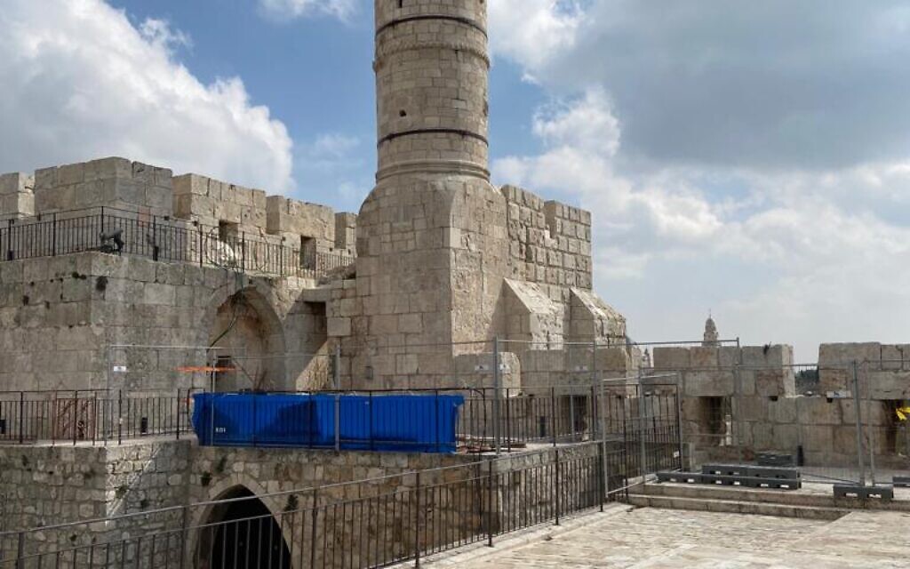 The base of the Tower of David, near the Jaffa Gate entrance in the Old City of Jerusalem, February 25, 2023. (DH/ Times of Israel)