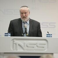 Former Attorney General Avichai Mandelblit speaks at the the Institute for National Security Studies annual international conference, February 28, 2023. (Yair Valer)