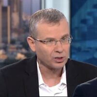Screen capture of Justice Minister Yariv Levin during a live interview with the Kan public broadcaster about the government's judicial overhaul, February 28, 2023. (Kan public broadcaster; used in accordance with Clause 27a of the Copyright Law)