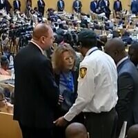 Security guards ask an Israeli observer delegation headed by Sharon Bar-Li (center) to leave the African Union summit in Addis Ababa, Ethiopia, on February 18, 2023. (Screen capture/Twitter; used in accordance with Clause 27a of the Copyright Law)