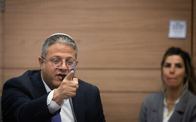 National Security Minister Itamar Ben Gvir at the Knesset in Jerusalem, February 5, 2023. (Oren Ben Hakoon/Flash90)